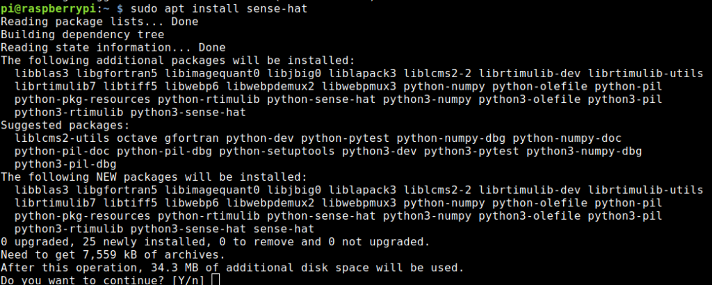 To get access to the Sense HAT we have to install the package sense-hat