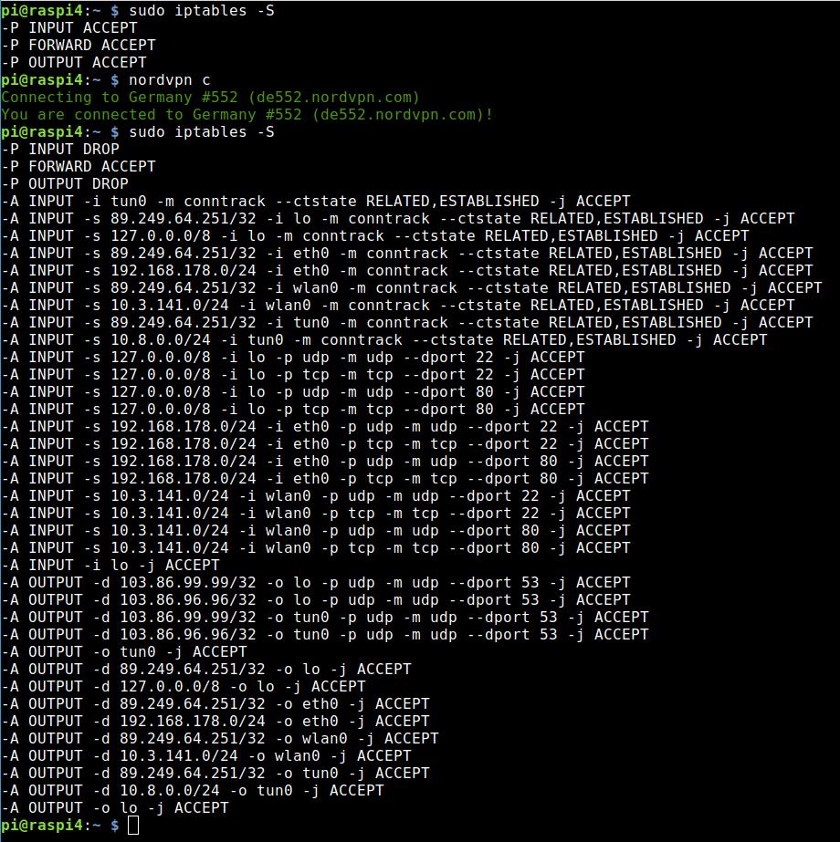 iptables on our VPN router before and after a connection to the NordVPN network