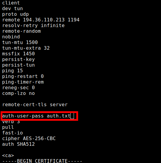 auth-user-pass auth.txt on our VPN router
