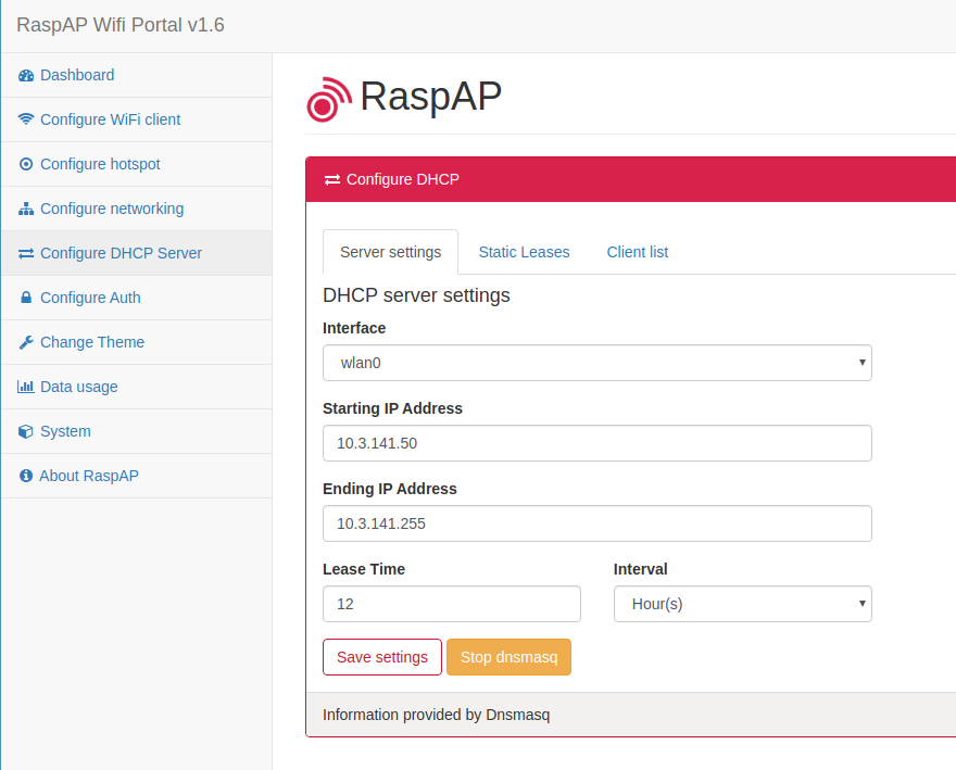 Configure the DHCP server of RaspAP