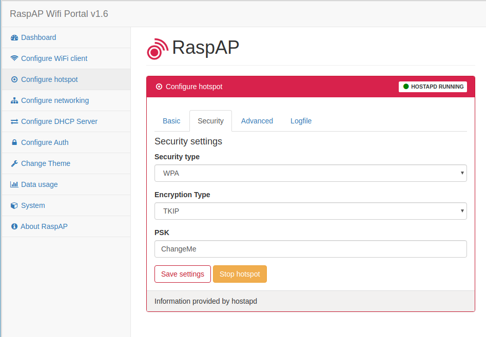 Set the password of the hotspot / RaspAP