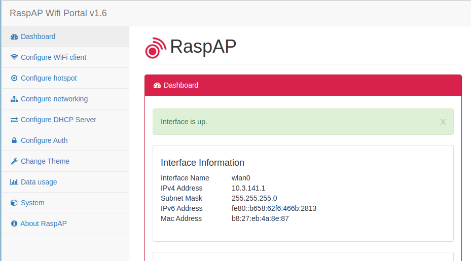 Dashboard of RaspAP