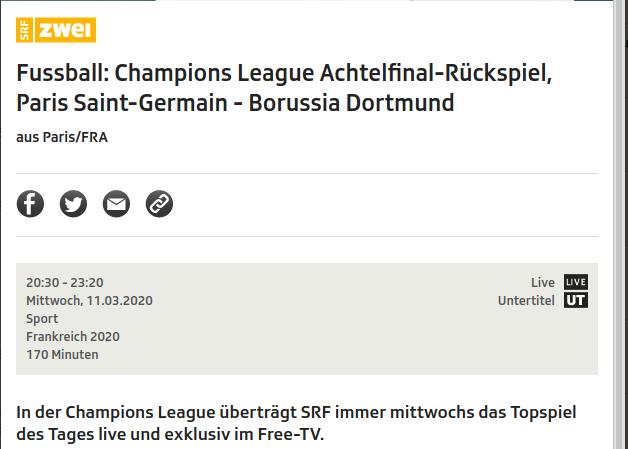 Paris Saint-Germain vs Borussia Dortmund live on SRF2